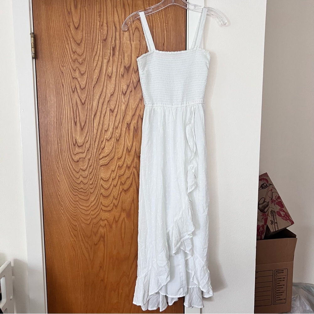 Hollister Sleeveless Smocked Eyelet Ruffle White Sundress Dress Size XS Midi